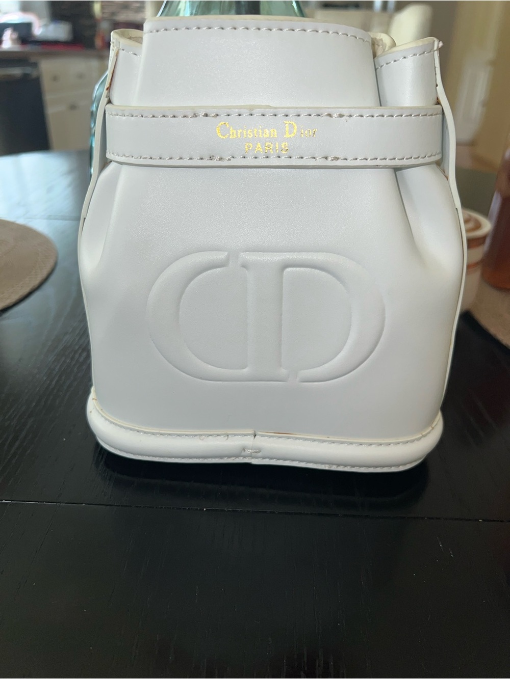 White Mini Bucket Bag with Gold Hardware - Embossed Logo - Picture 3 of 9